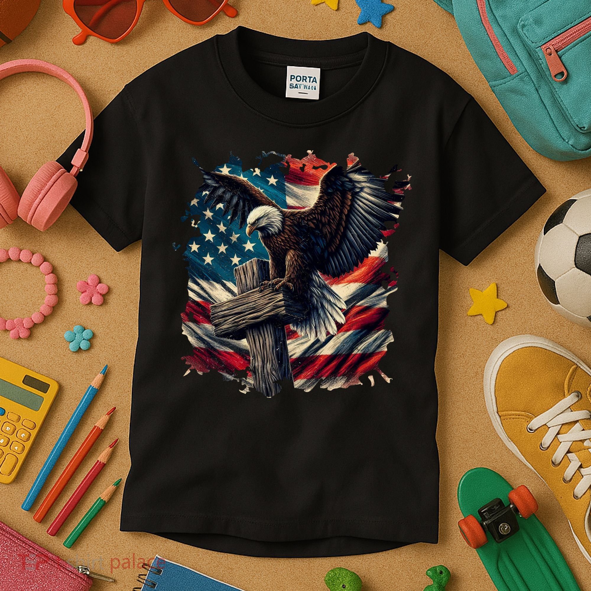 Grunge Distressed USA American Flag Christian Cross Eagle Kids T-Shirt