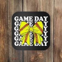 Game Day Vibes Coquette Bow Softball Mama Softball Girl Coaster thumb 0