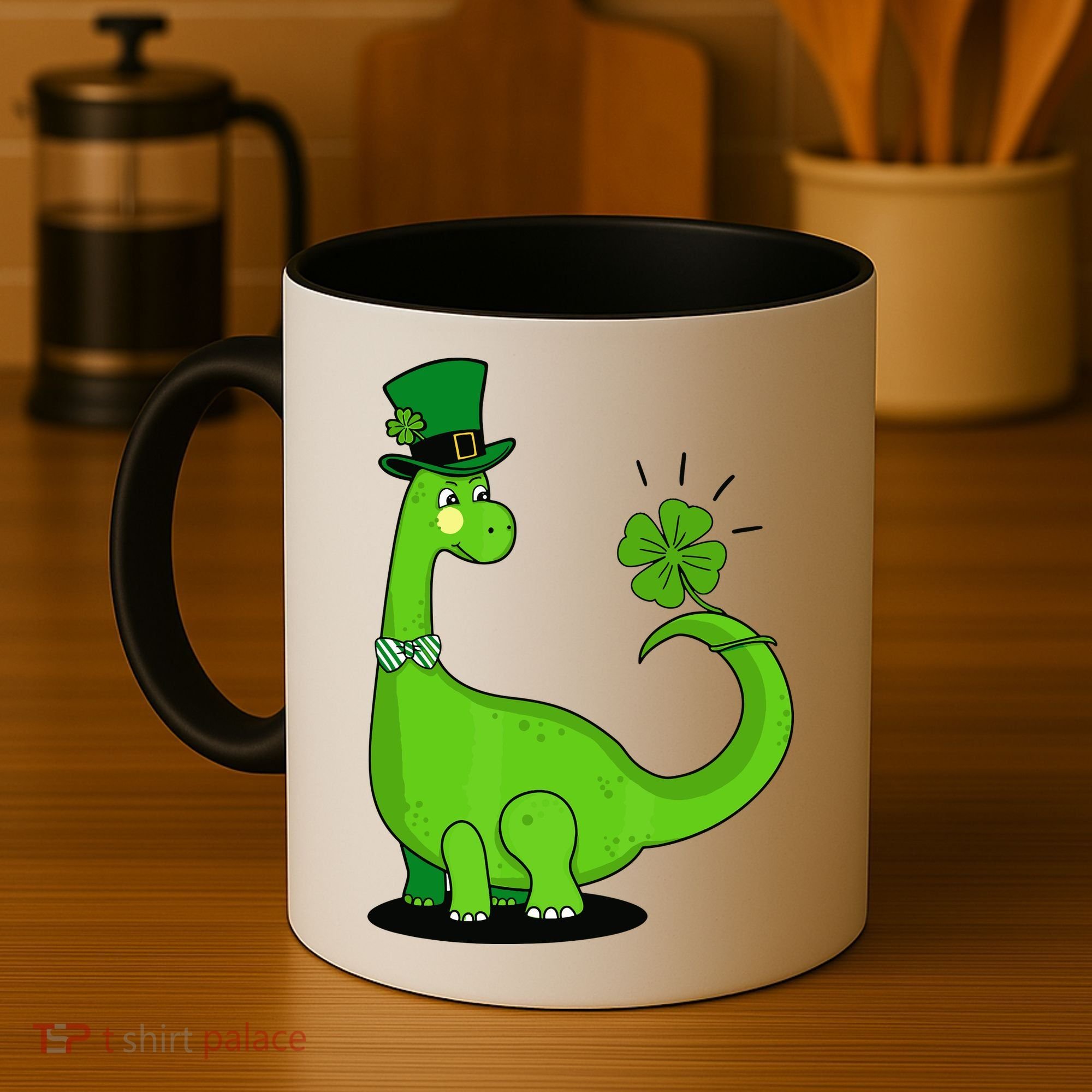 Green Dino With A FourLeaf Clover Tail: St. Patrick's Day Coffee Mug
