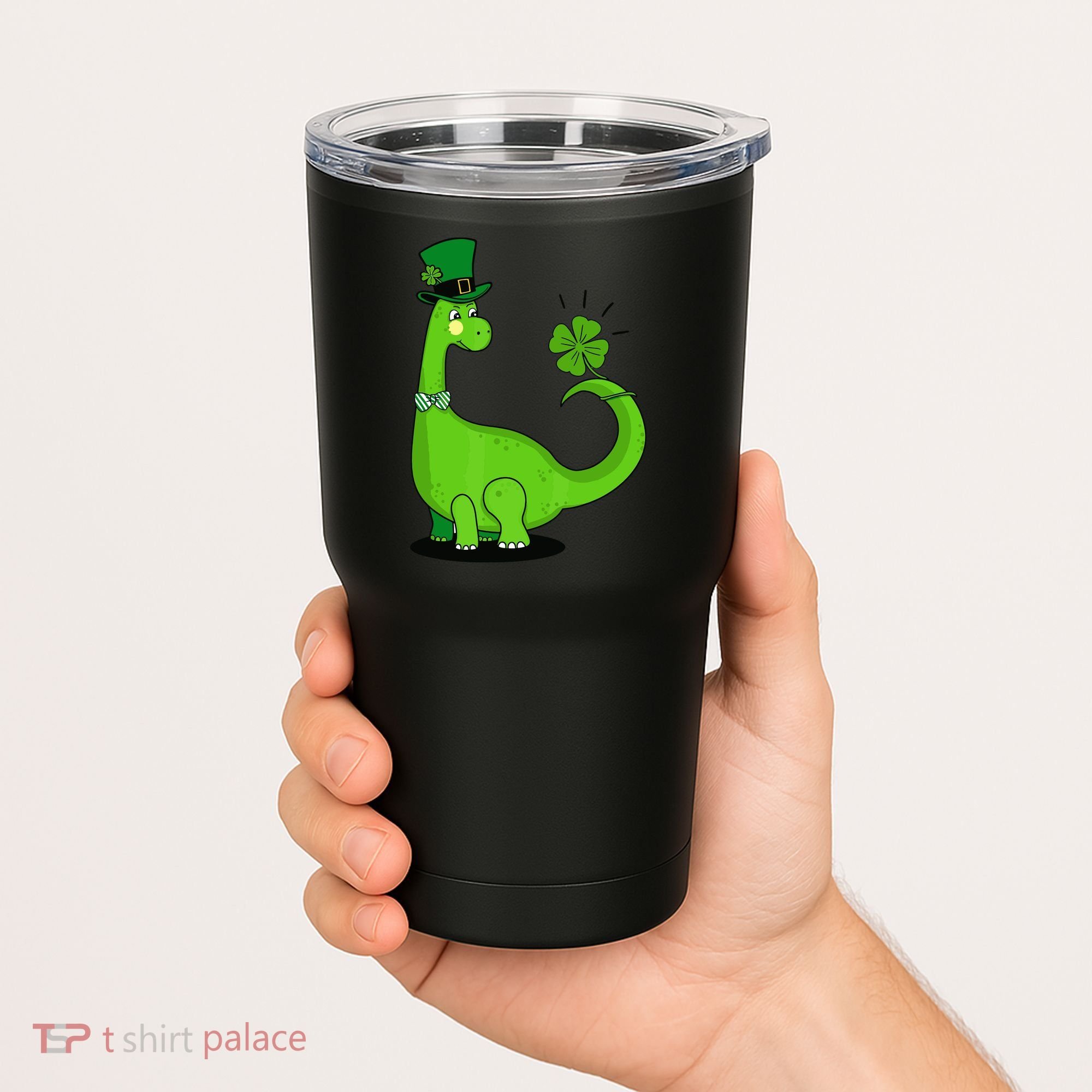 Green Dino With A FourLeaf Clover Tail: St. Patrick's Day Tumbler