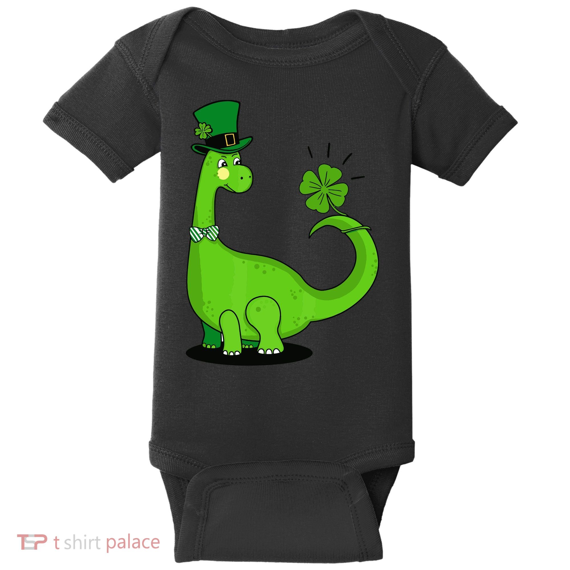 Green Dino With A FourLeaf Clover Tail: St. Patrick's Day Baby Bodysuit
