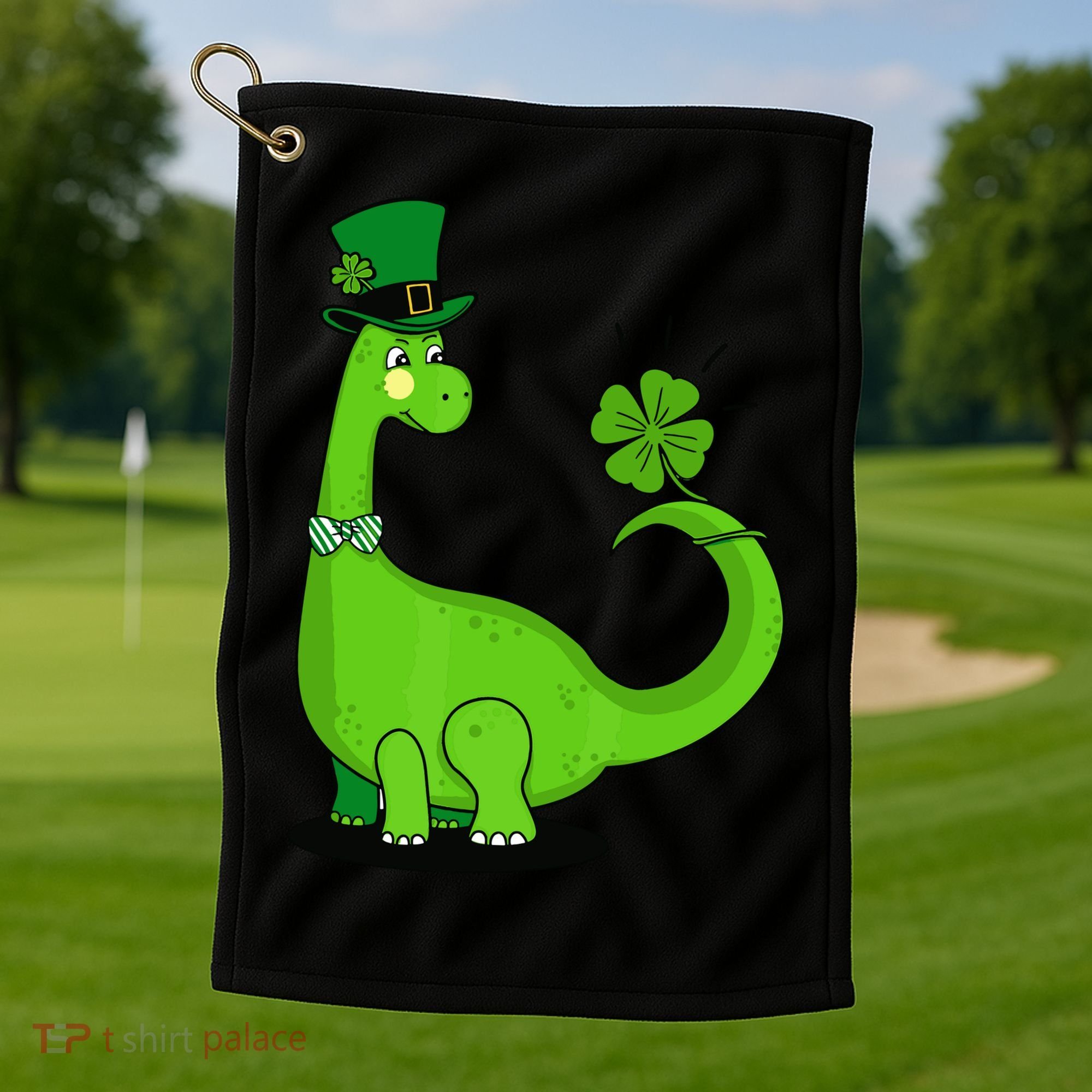 Green Dino With A FourLeaf Clover Tail: St. Patrick's Day Golf Towel