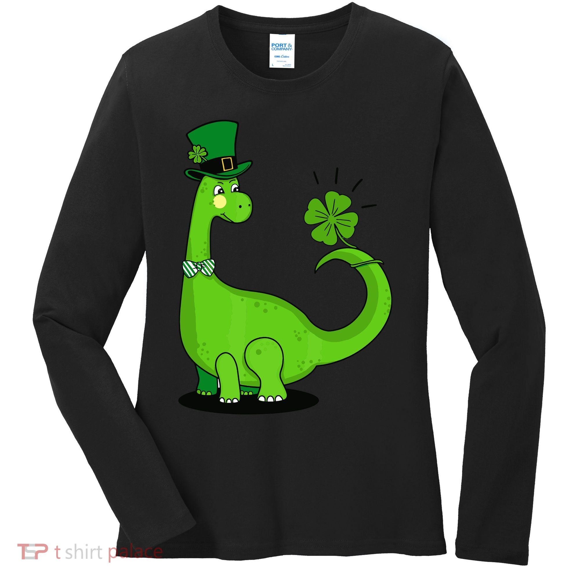 Green Dino With A FourLeaf Clover Tail: St. Patrick's Day Women's Long Sleeve Shirt