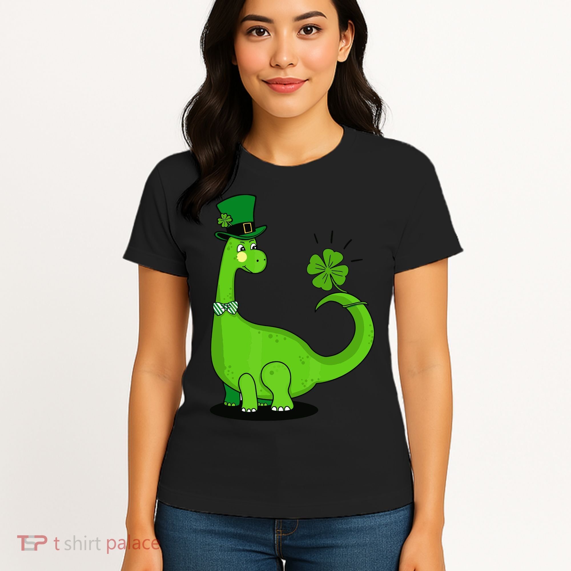 Green Dino With A FourLeaf Clover Tail: St. Patrick's Day Women's T-Shirt
