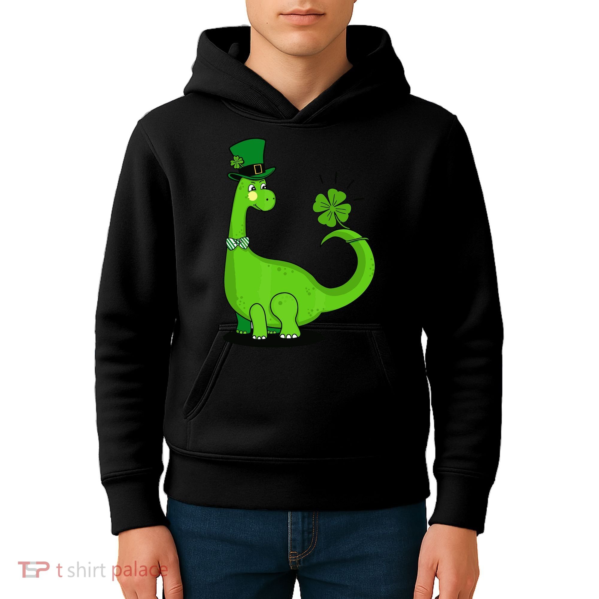 Green Dino With A FourLeaf Clover Tail: St. Patrick's Day Kids Hoodie