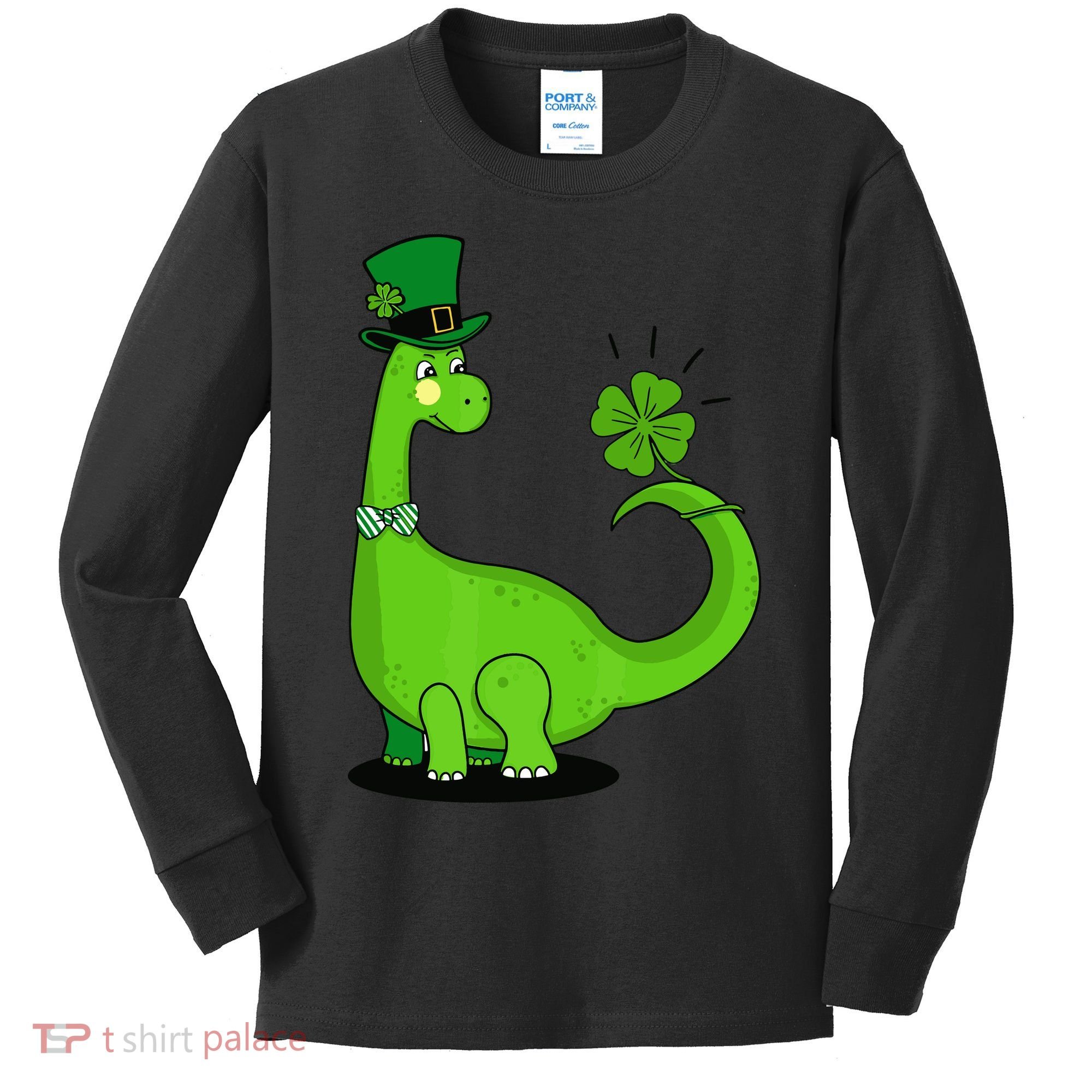 Green Dino With A FourLeaf Clover Tail: St. Patrick's Day Kids Long Sleeve Shirt