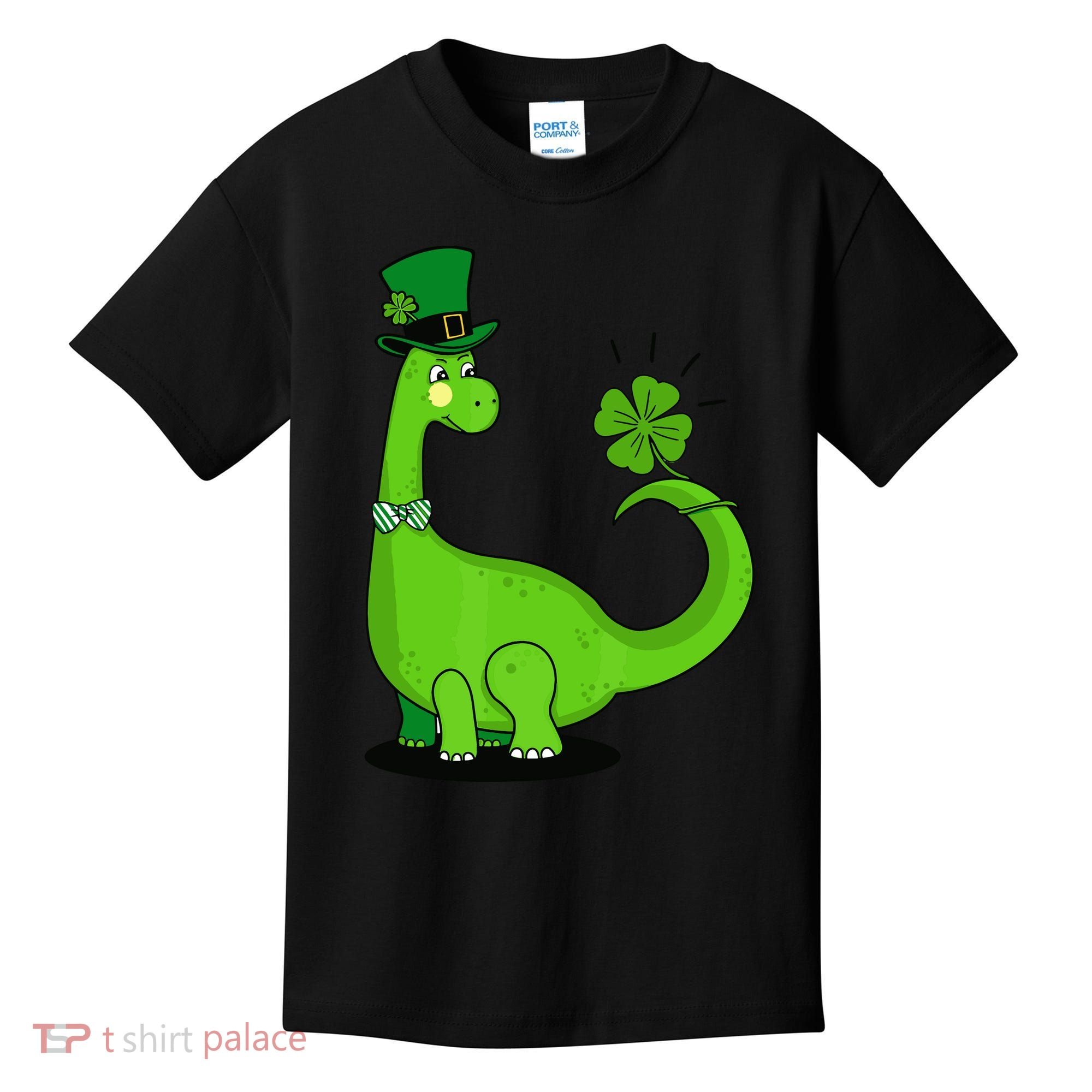 Green Dino With A FourLeaf Clover Tail: St. Patrick's Day Kids T-Shirt