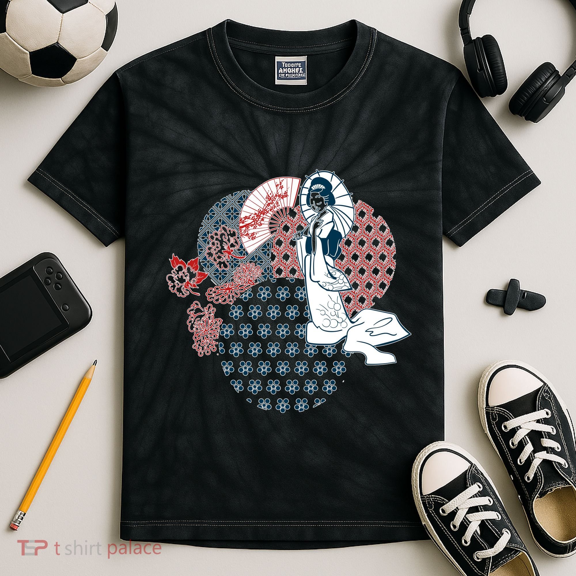 Geisha Fan Parasol Abstract Kids Tie-Dye T-Shirt