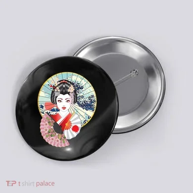 Geisha Great Wave Frame Fans Button