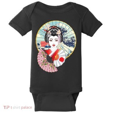 Geisha Great Wave Frame Fans Baby Bodysuit