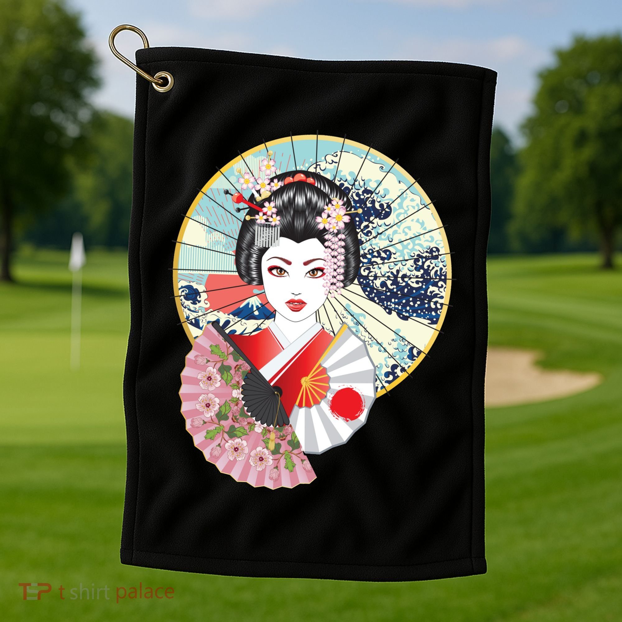 Geisha Great Wave Frame Fans Golf Towel