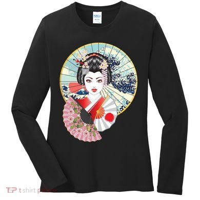 Geisha Great Wave Frame Fans Women's Long Sleeve Shirt