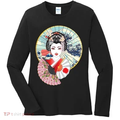 Geisha Great Wave Frame Fans Women's Long Sleeve Shirt