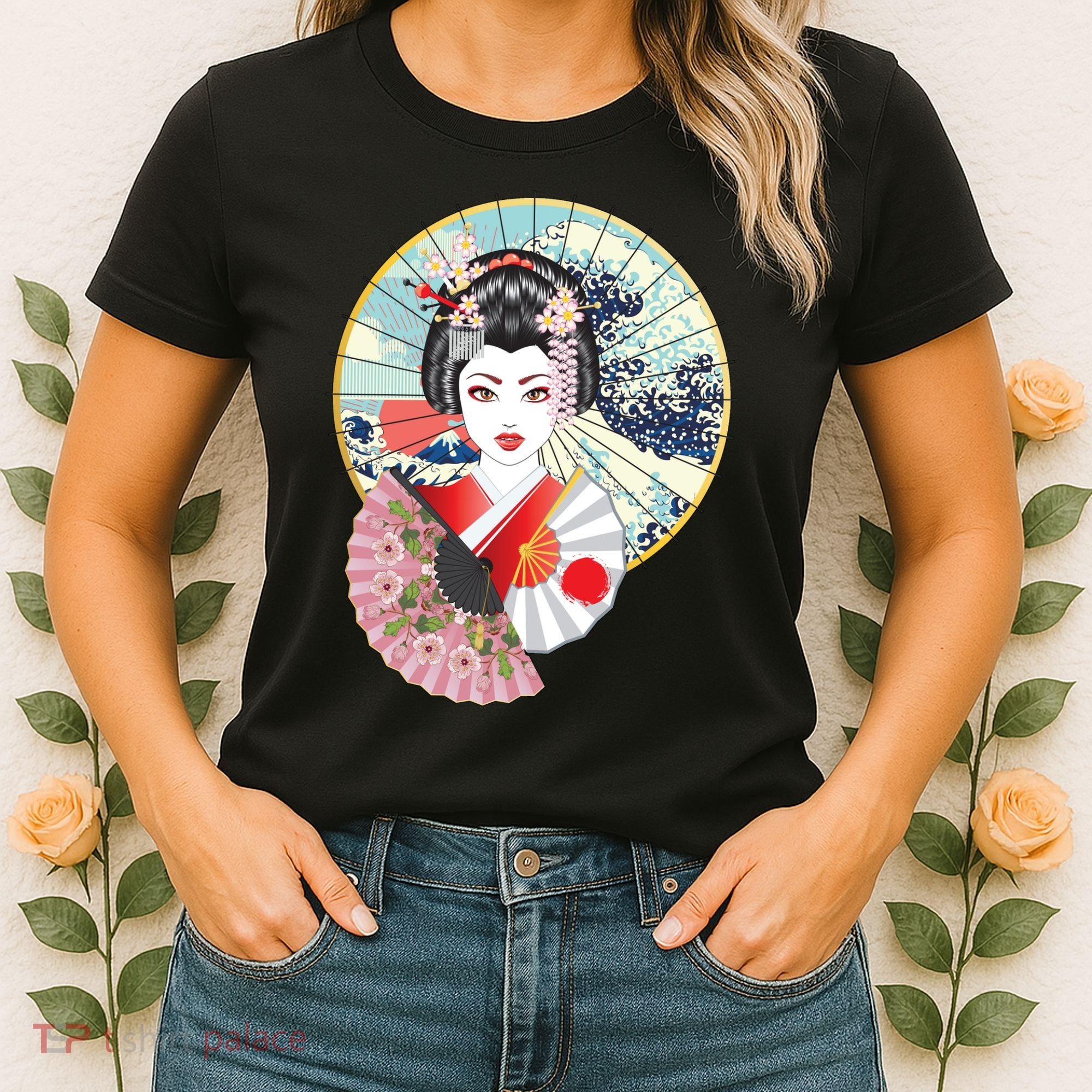 Geisha Great Wave Frame Fans Women's T-Shirt
