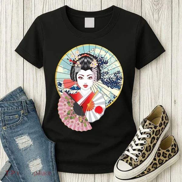 Geisha Great Wave Frame Fans Women's T-Shirt