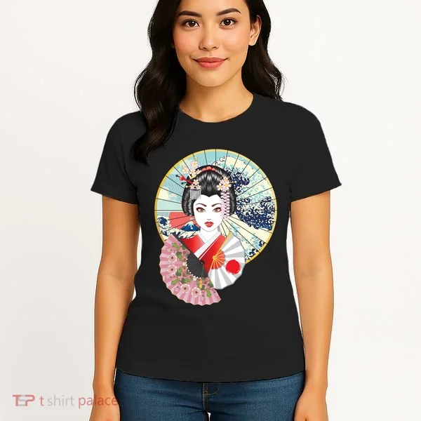 Geisha Great Wave Frame Fans Women's T-Shirt