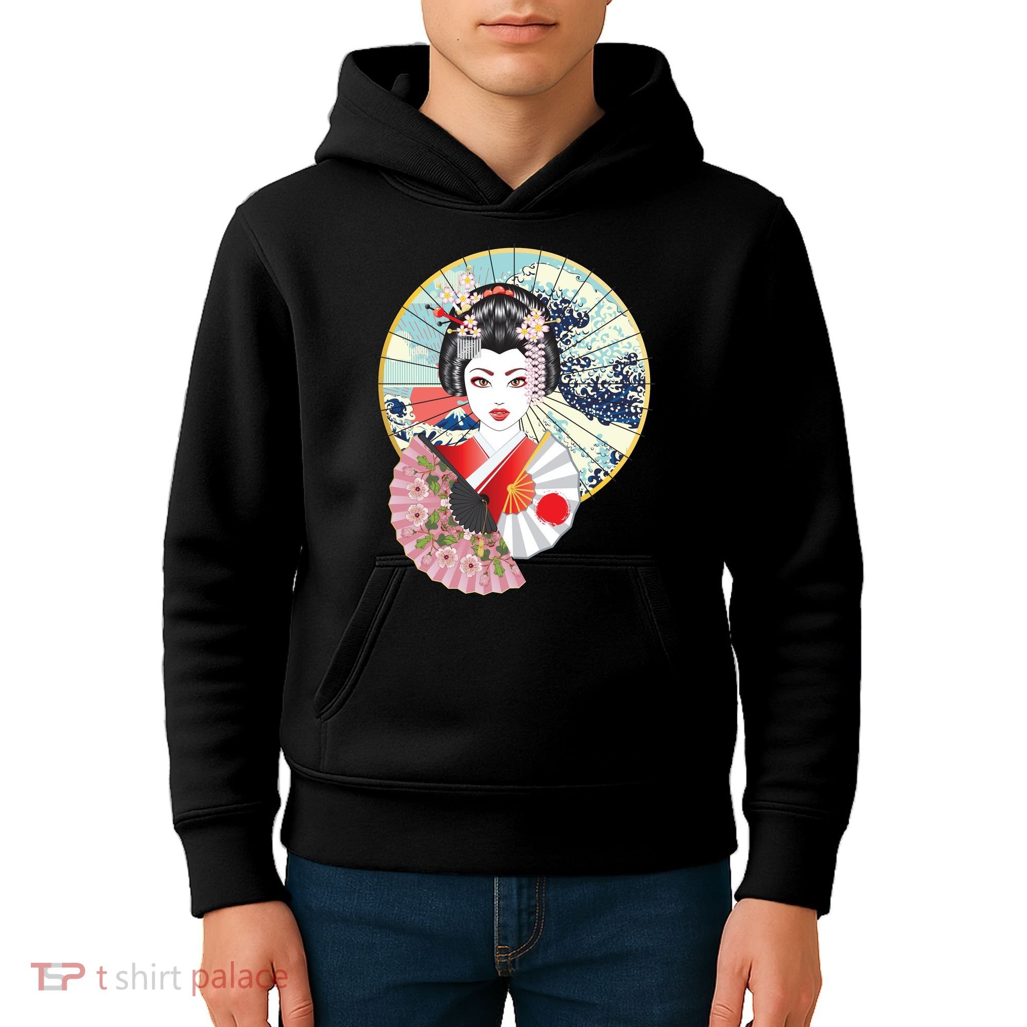 Geisha Great Wave Frame Fans Kids Hoodie