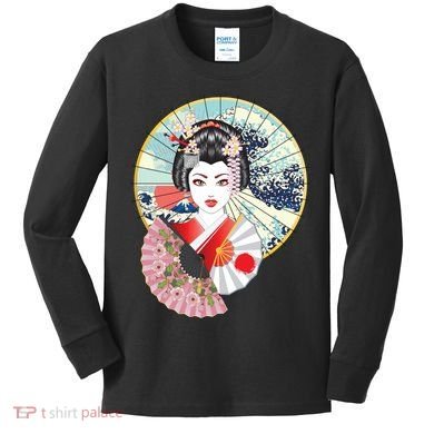 Geisha Great Wave Frame Fans Kids Long Sleeve Shirt