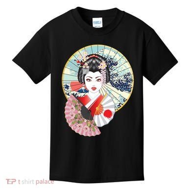 Geisha Great Wave Frame Fans Kids T-Shirt