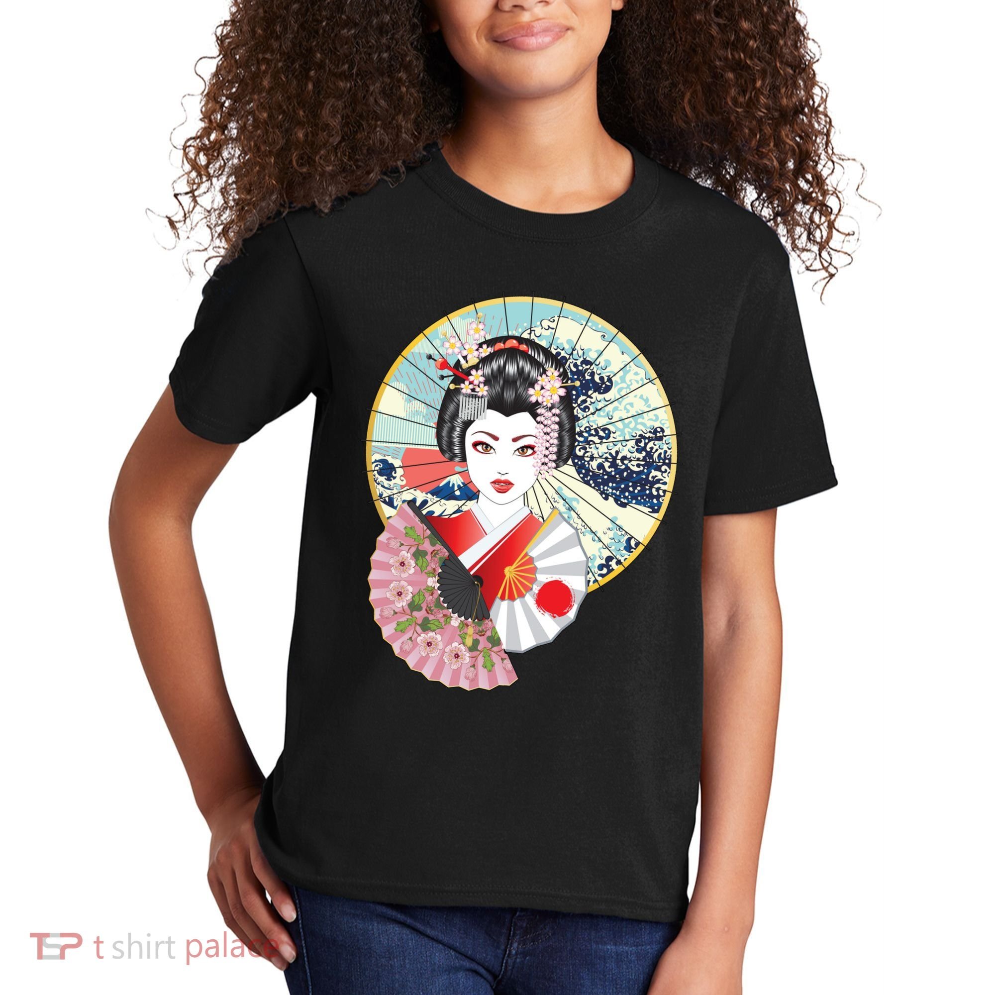 Geisha Great Wave Frame Fans Kids T-Shirt