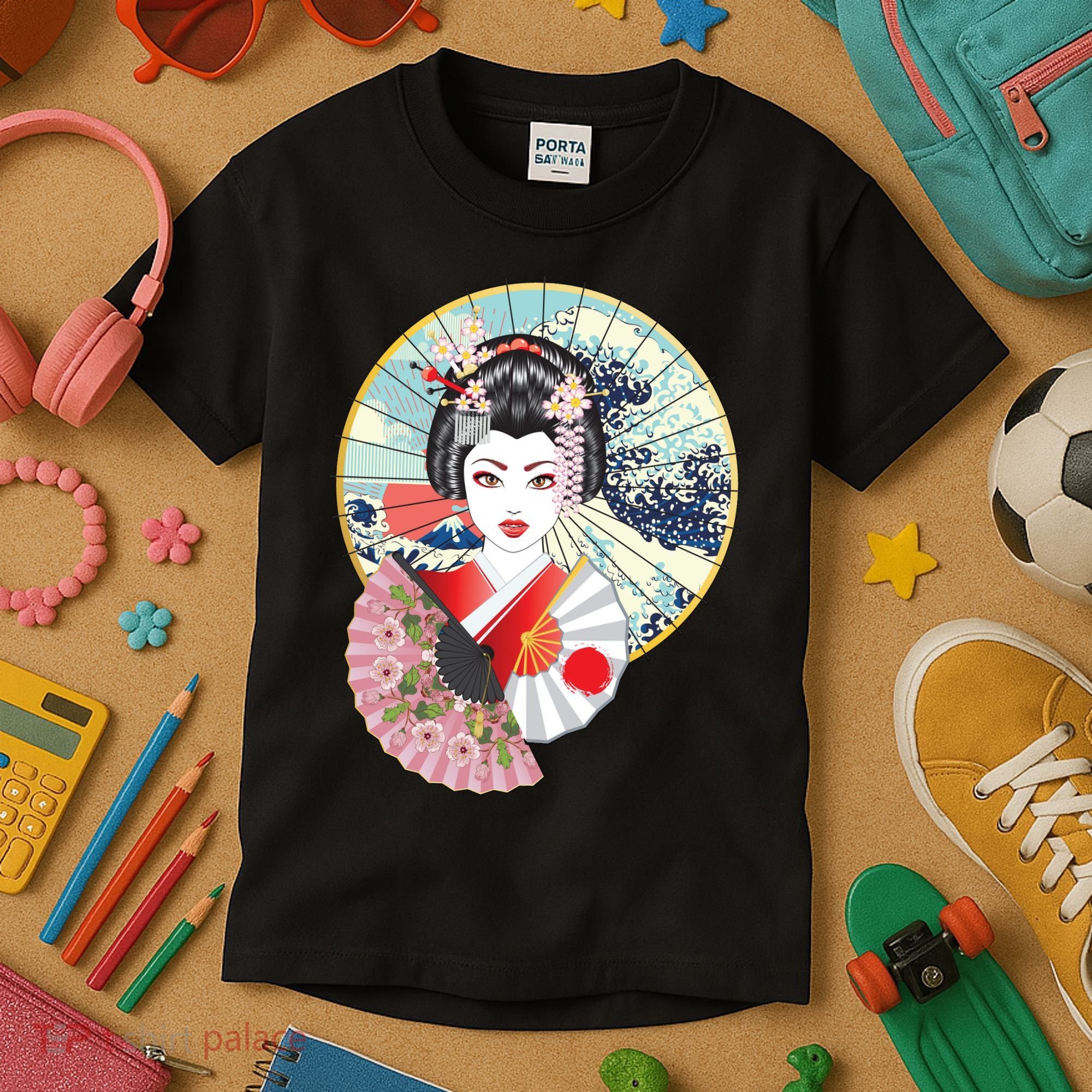 Geisha Great Wave Frame Fans Kids T-Shirt