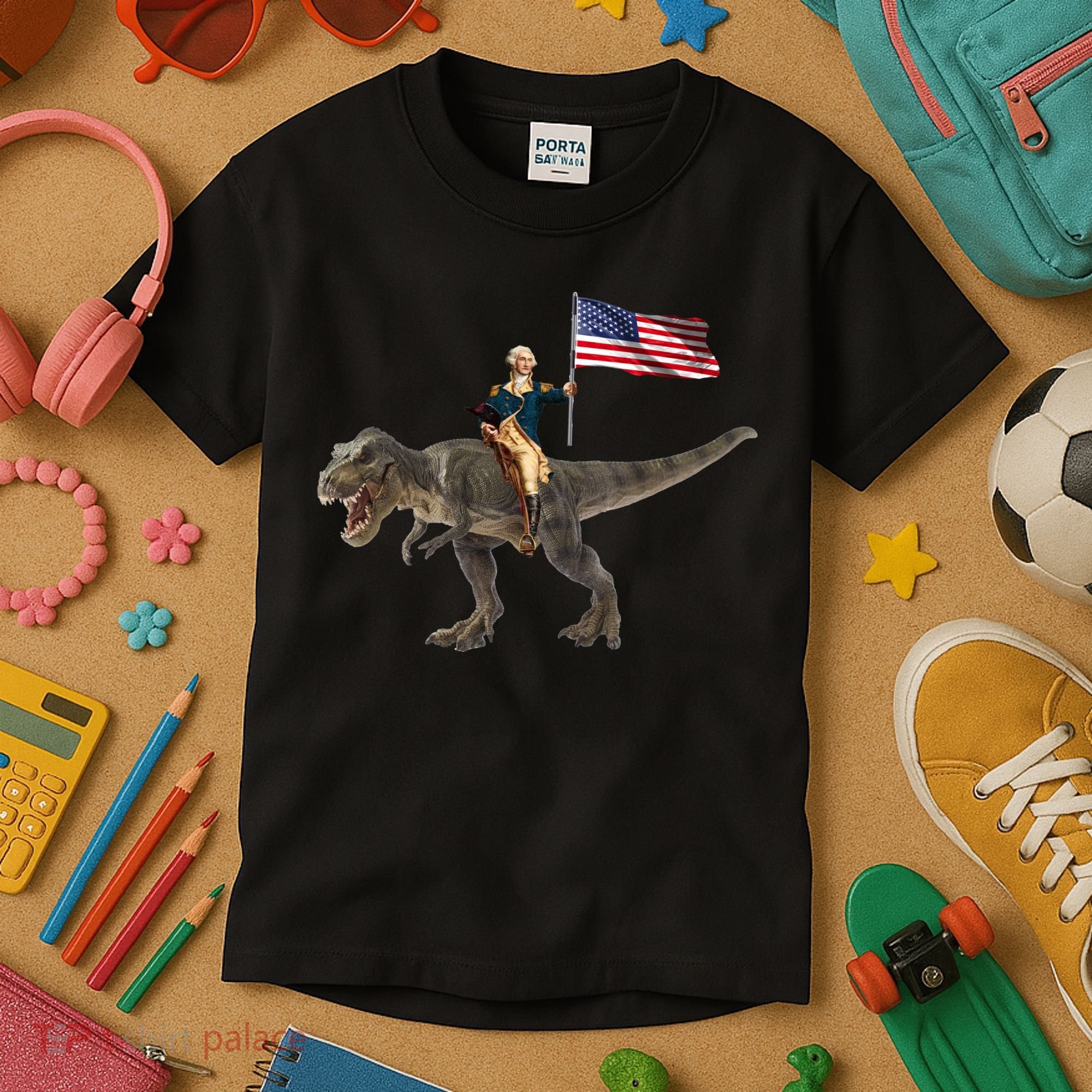George Washington On A Dinosaur Kids T-Shirt