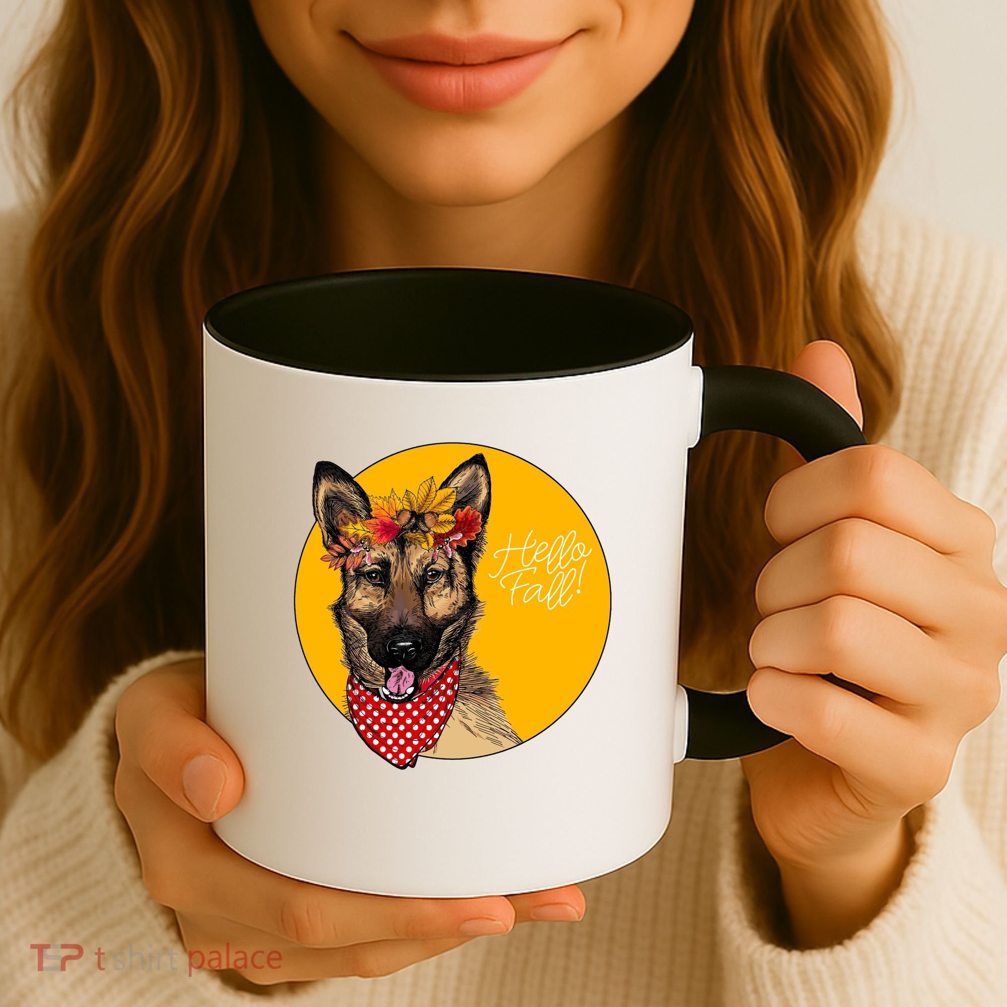 German Shepherd Dog Autumn Leaves Crown Hello Fall Coffee Mug