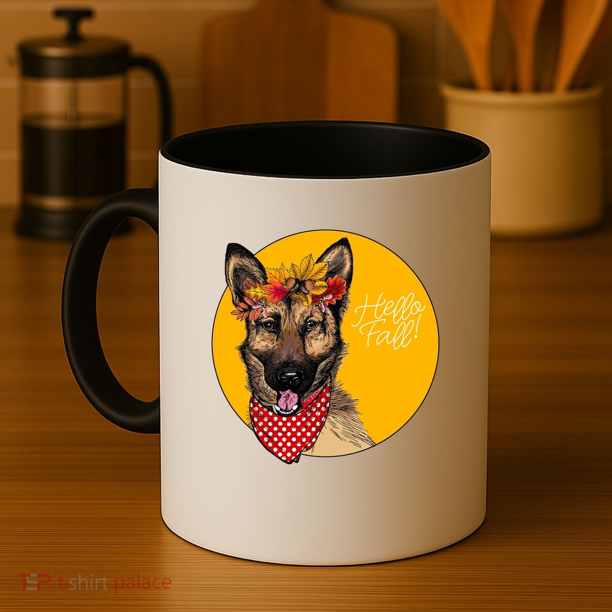 German Shepherd Dog Autumn Leaves Crown Hello Fall Coffee Mug
