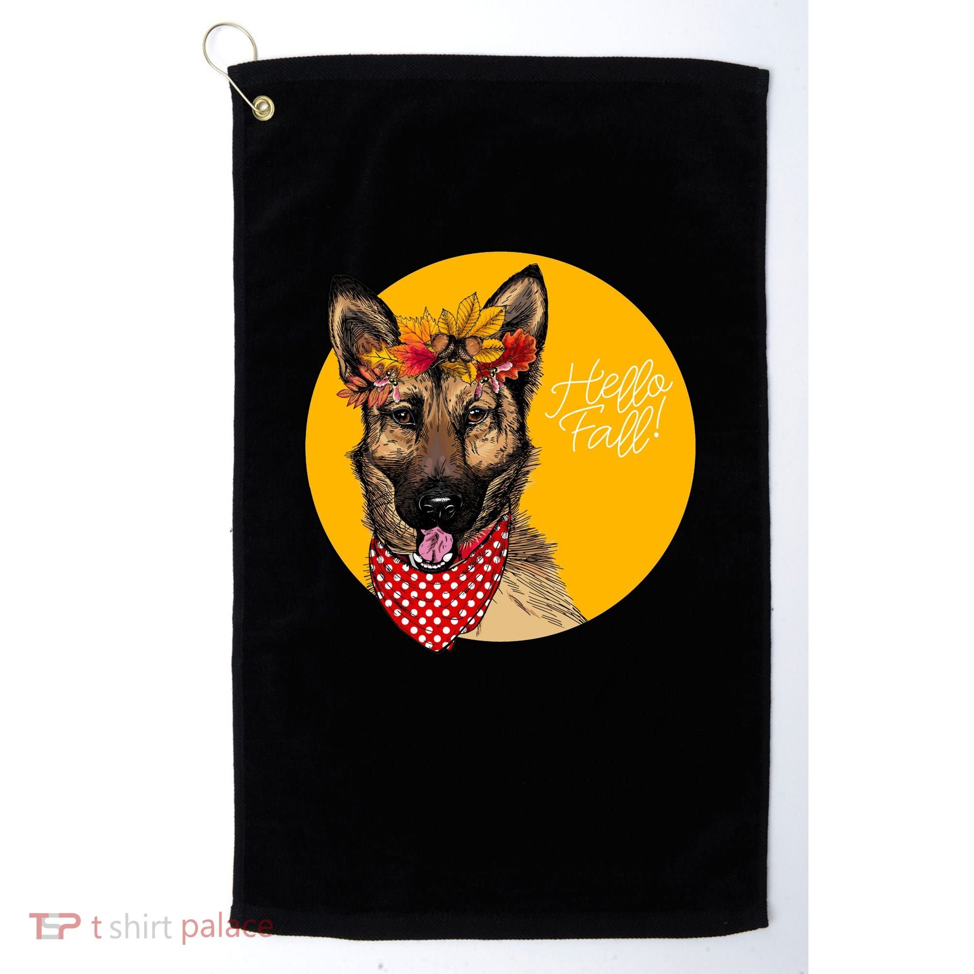 German Shepherd Dog Autumn Leaves Crown Hello Fall Golf Towel