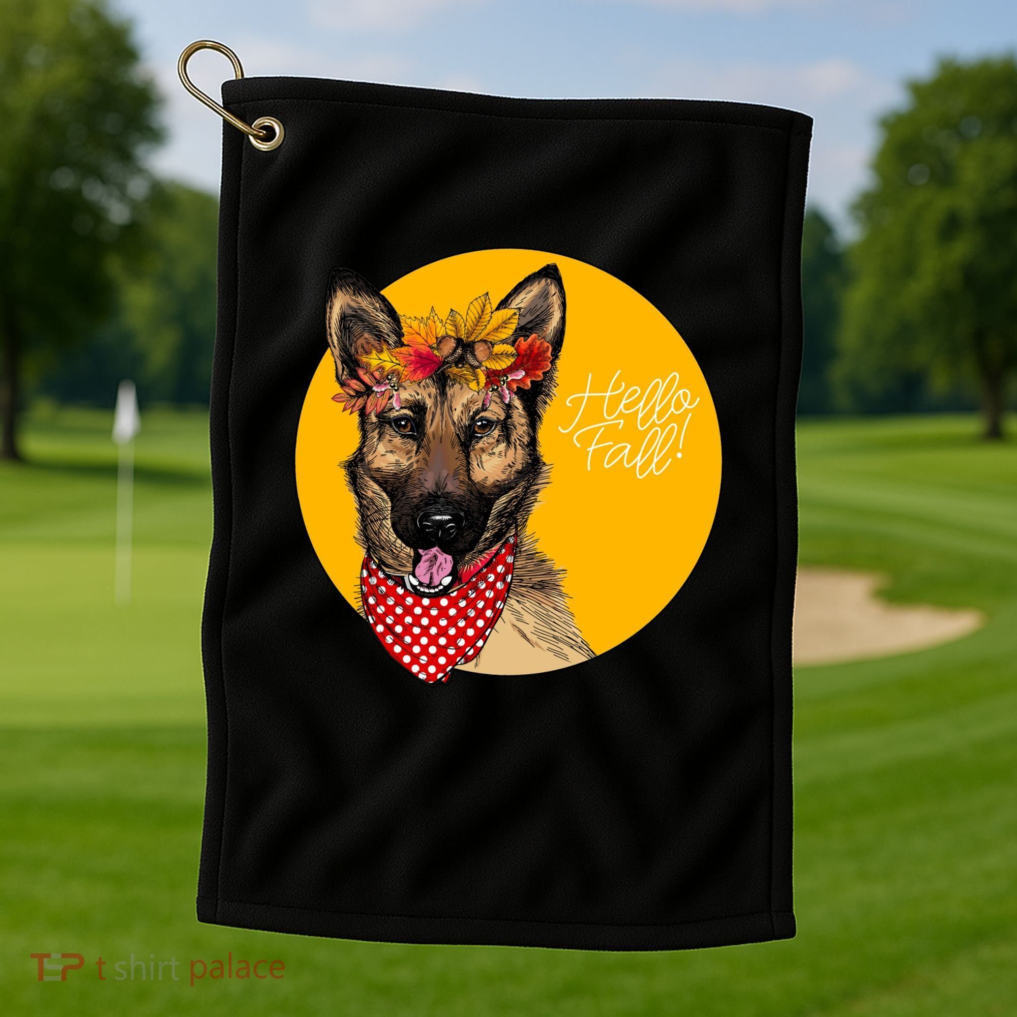 German Shepherd Dog Autumn Leaves Crown Hello Fall Golf Towel