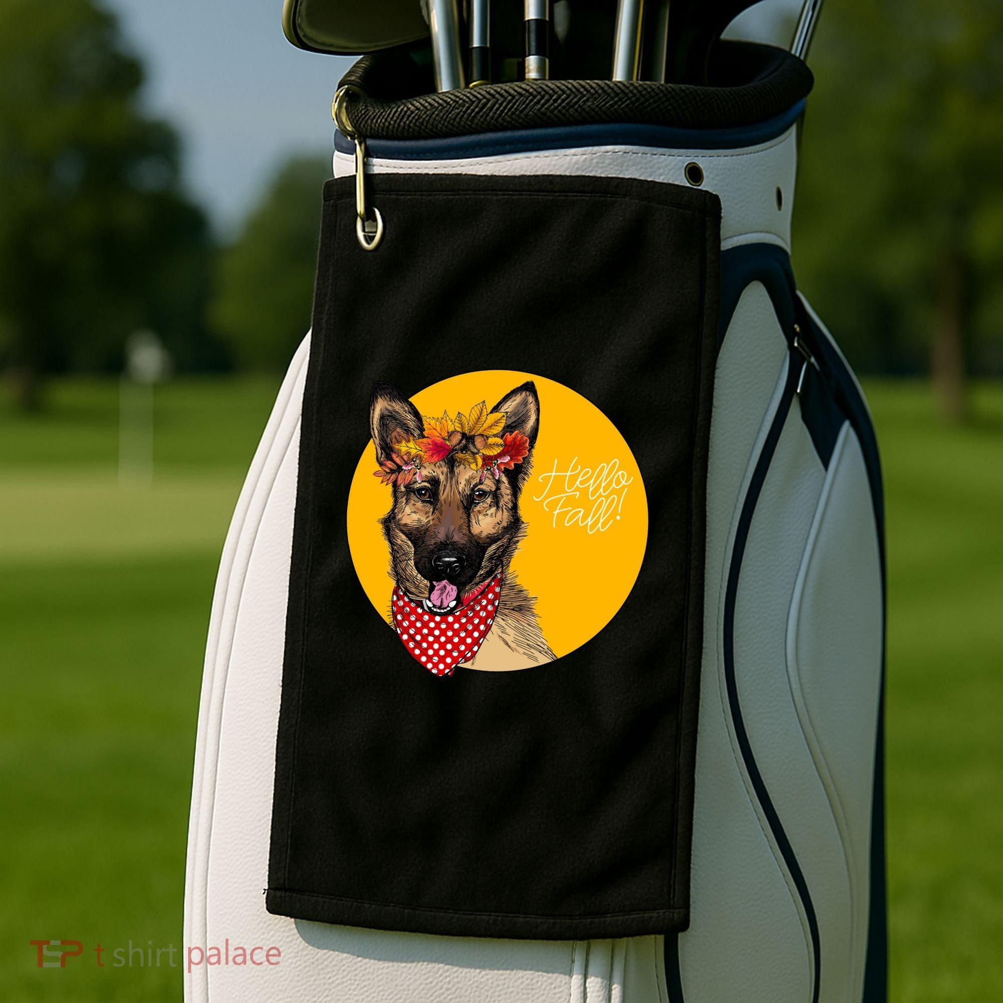 German Shepherd Dog Autumn Leaves Crown Hello Fall Golf Towel