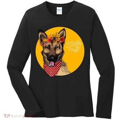 German Shepherd Dog Autumn Leaves Crown Hello Fall Women's Long Sleeve Shirt