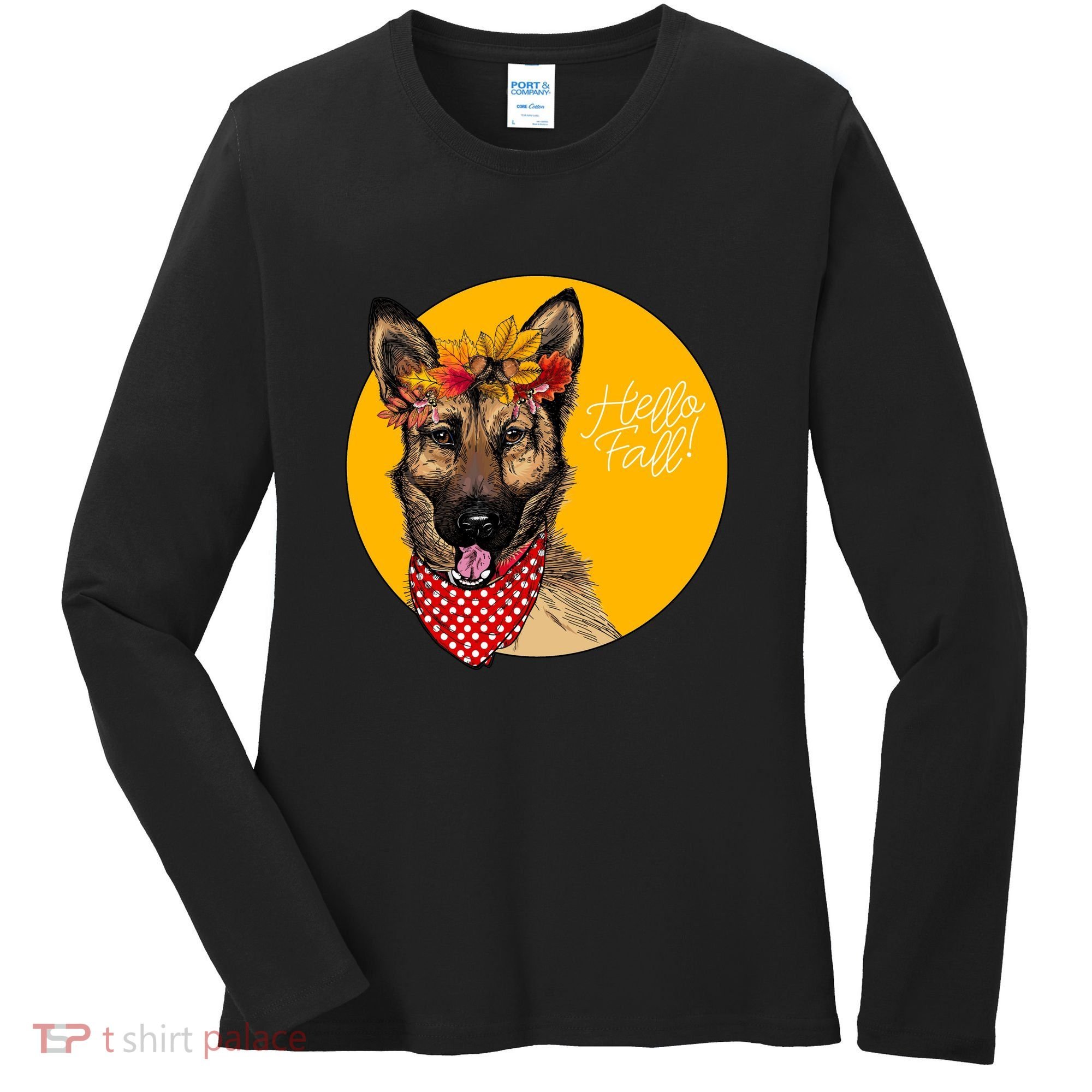 German Shepherd Dog Autumn Leaves Crown Hello Fall Women's Long Sleeve Shirt