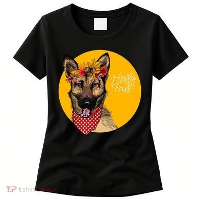 German Shepherd Dog Autumn Leaves Crown Hello Fall Women's T-Shirt