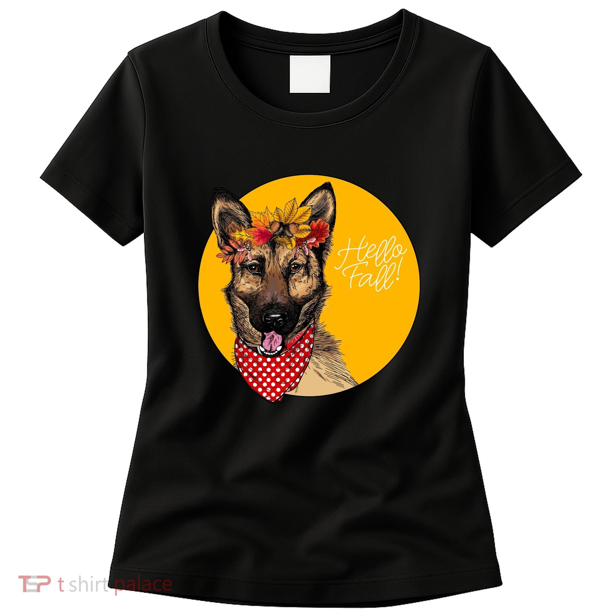 German Shepherd Dog Autumn Leaves Crown Hello Fall Women's T-Shirt