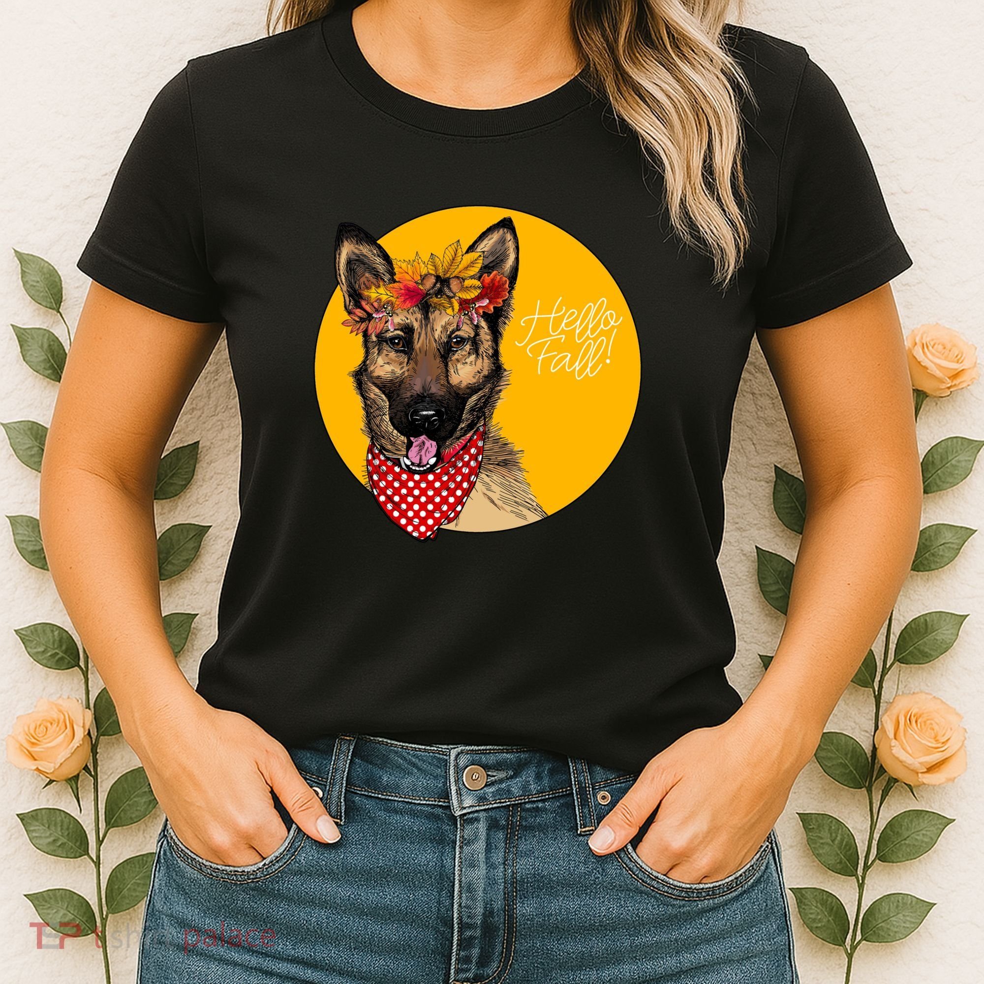 German Shepherd Dog Autumn Leaves Crown Hello Fall Women's T-Shirt