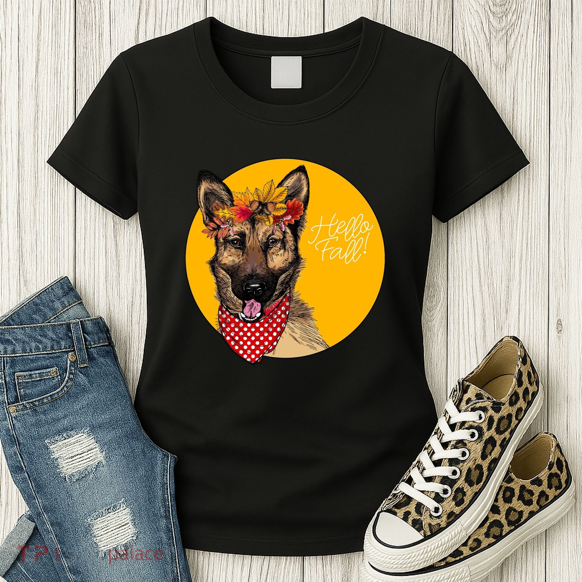 German Shepherd Dog Autumn Leaves Crown Hello Fall Women's T-Shirt