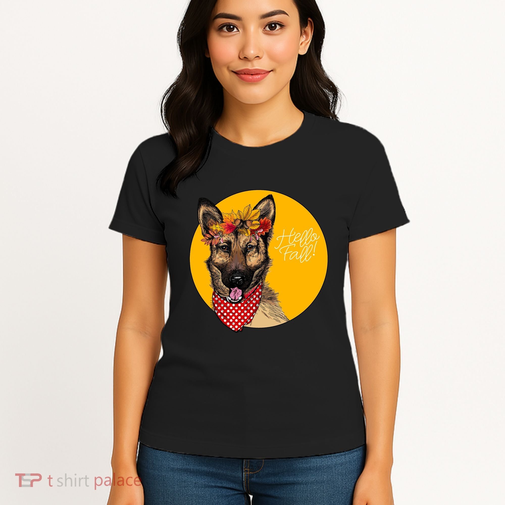 German Shepherd Dog Autumn Leaves Crown Hello Fall Women's T-Shirt