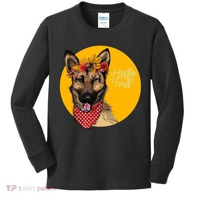 German Shepherd Dog Autumn Leaves Crown Hello Fall Kids Long Sleeve Shirt