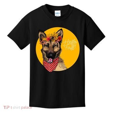 German Shepherd Dog Autumn Leaves Crown Hello Fall Kids T-Shirt