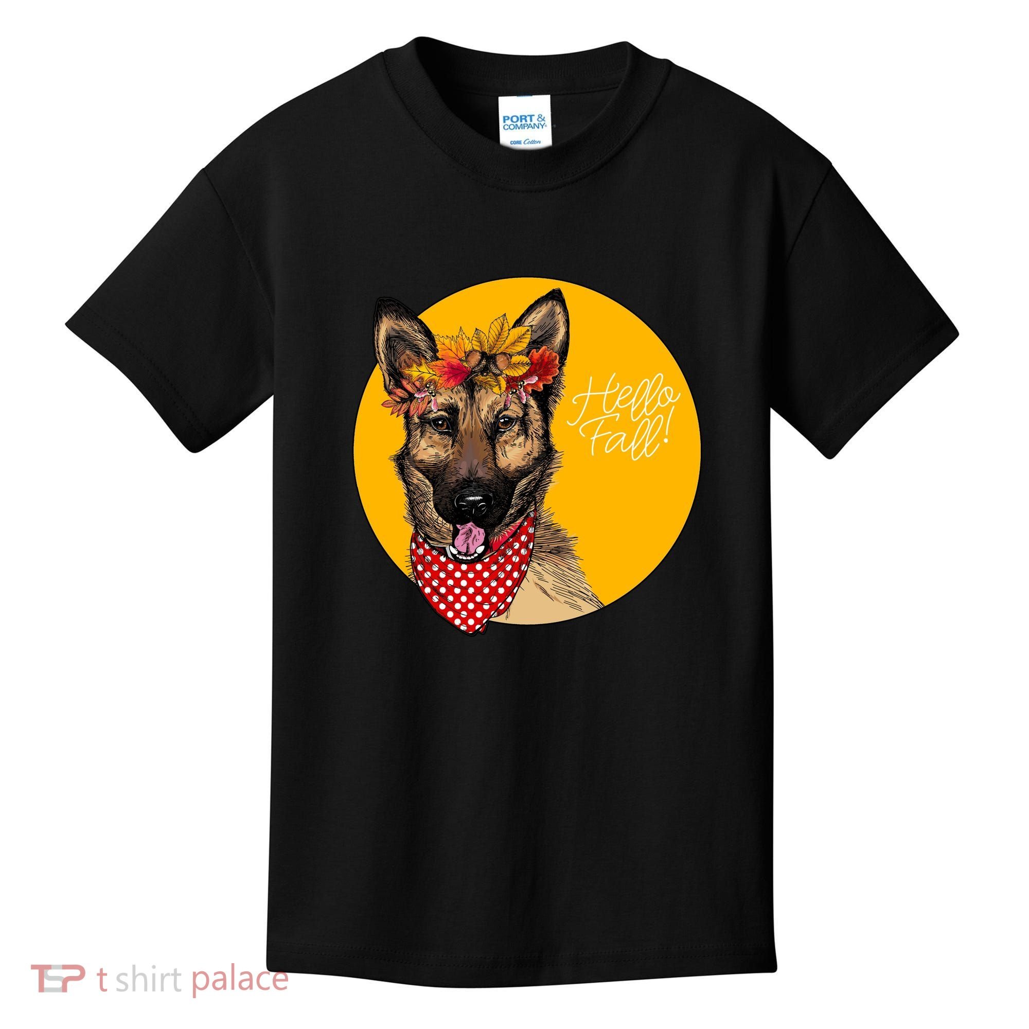 German Shepherd Dog Autumn Leaves Crown Hello Fall Kids T-Shirt