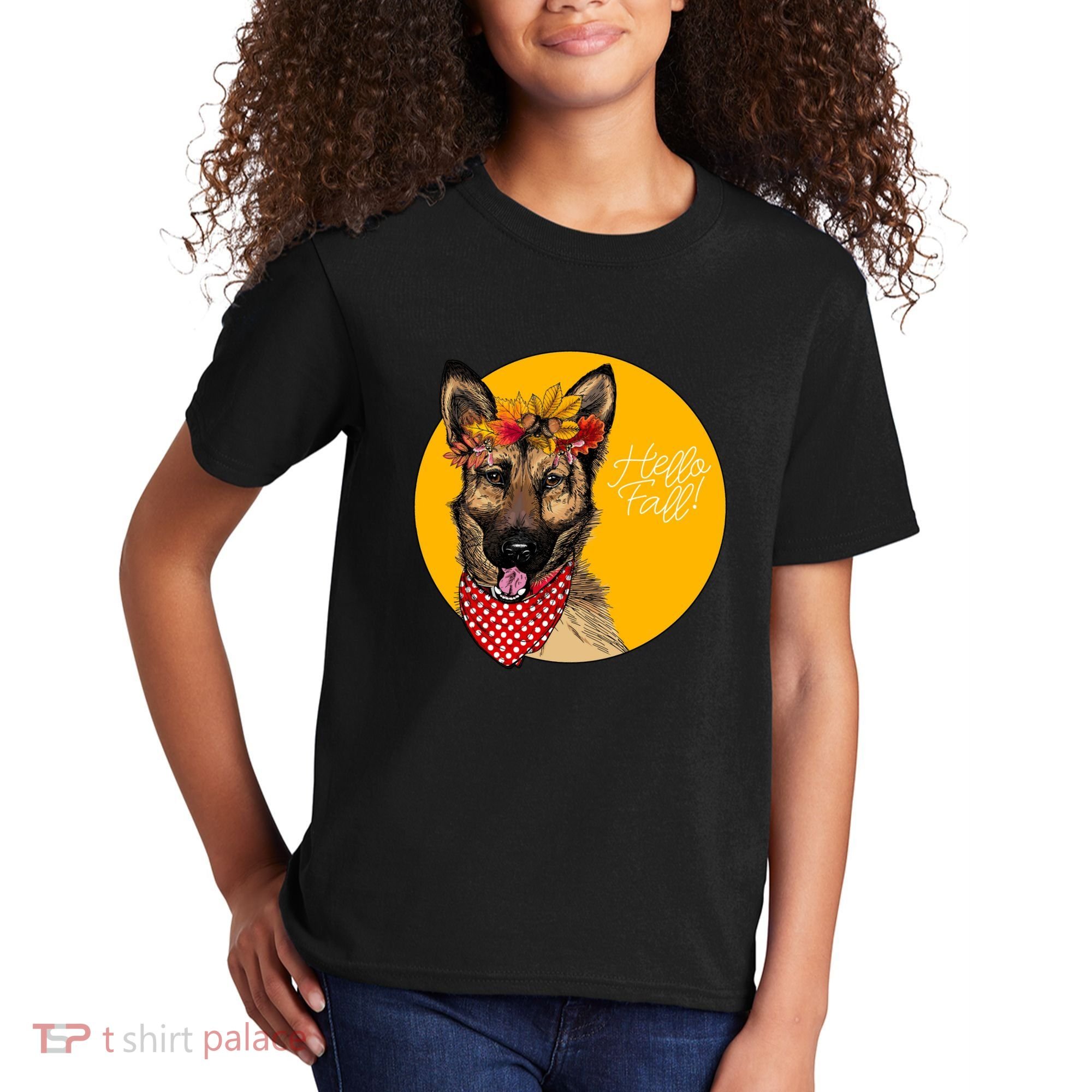 German Shepherd Dog Autumn Leaves Crown Hello Fall Kids T-Shirt