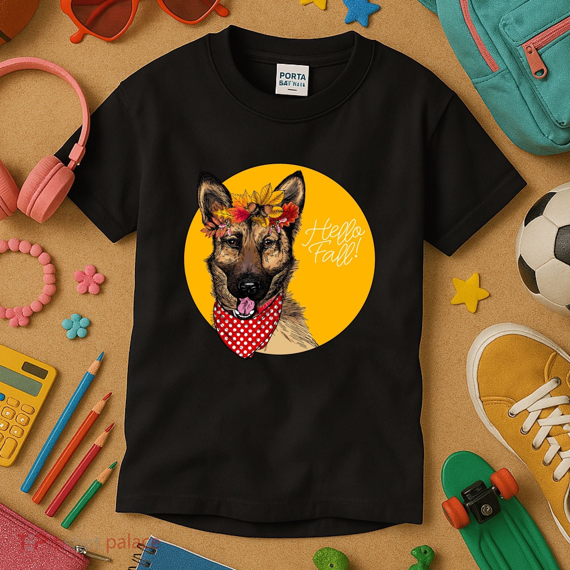 German Shepherd Dog Autumn Leaves Crown Hello Fall Kids T-Shirt