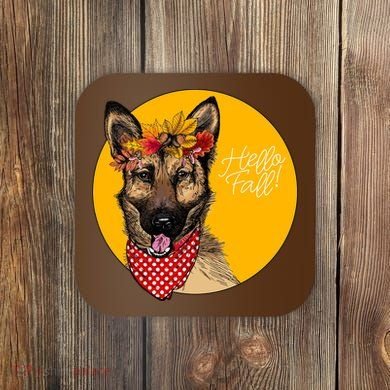 German Shepherd Dog Autumn Leaves Crown Hello Fall Coaster