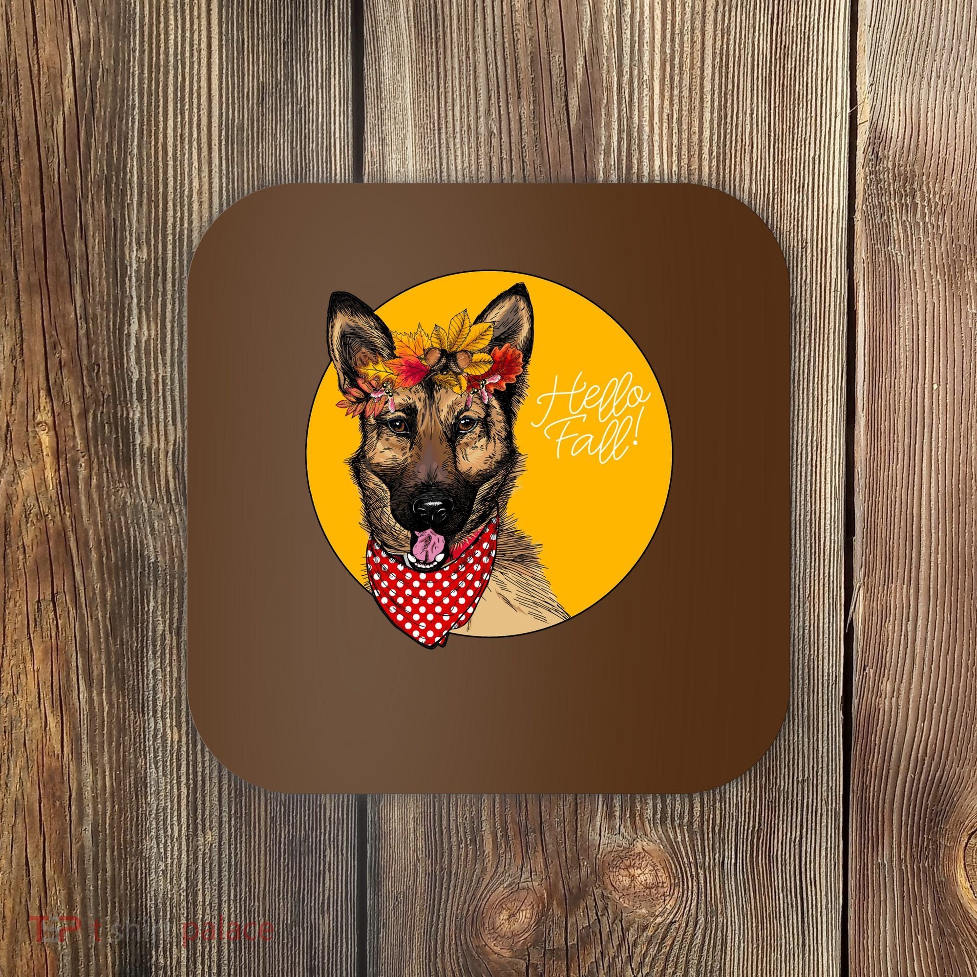 German Shepherd Dog Autumn Leaves Crown Hello Fall Coaster