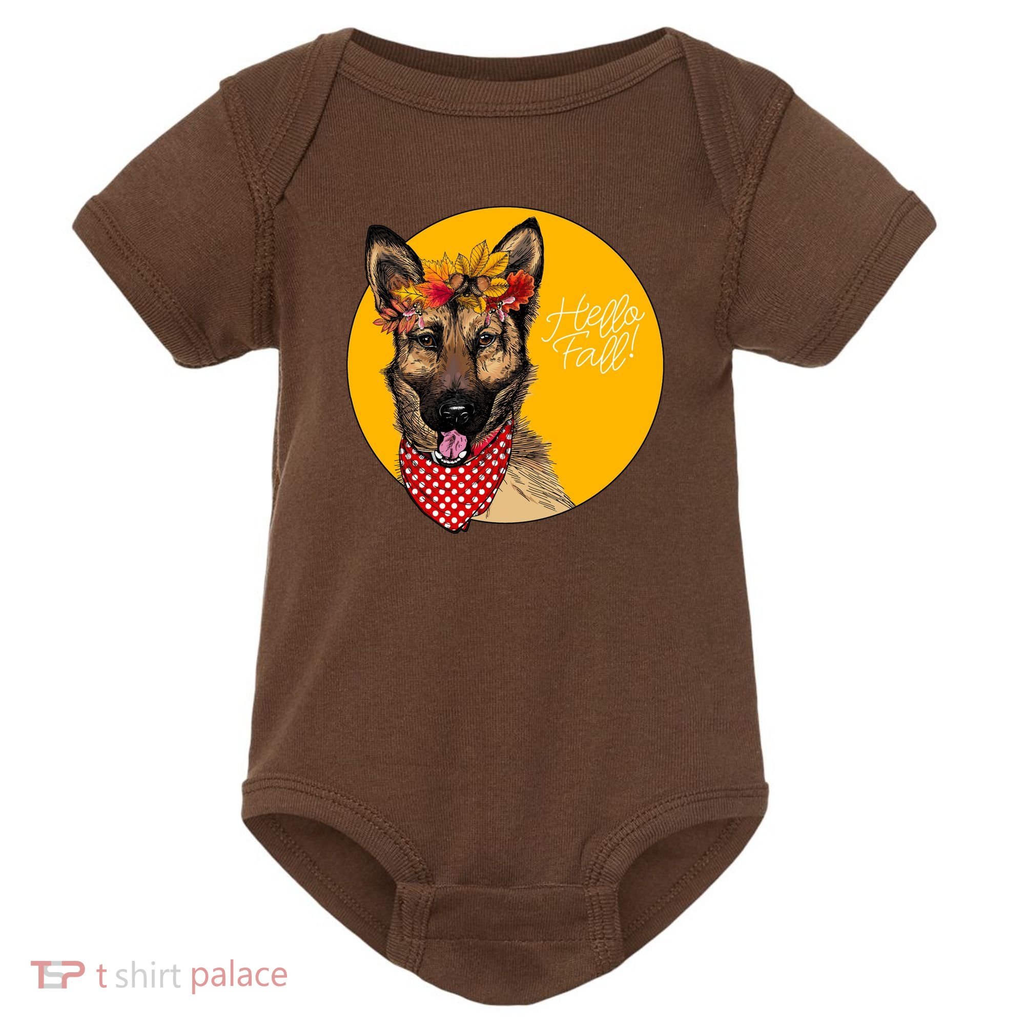 German Shepherd Dog Autumn Leaves Crown Hello Fall Baby Bodysuit