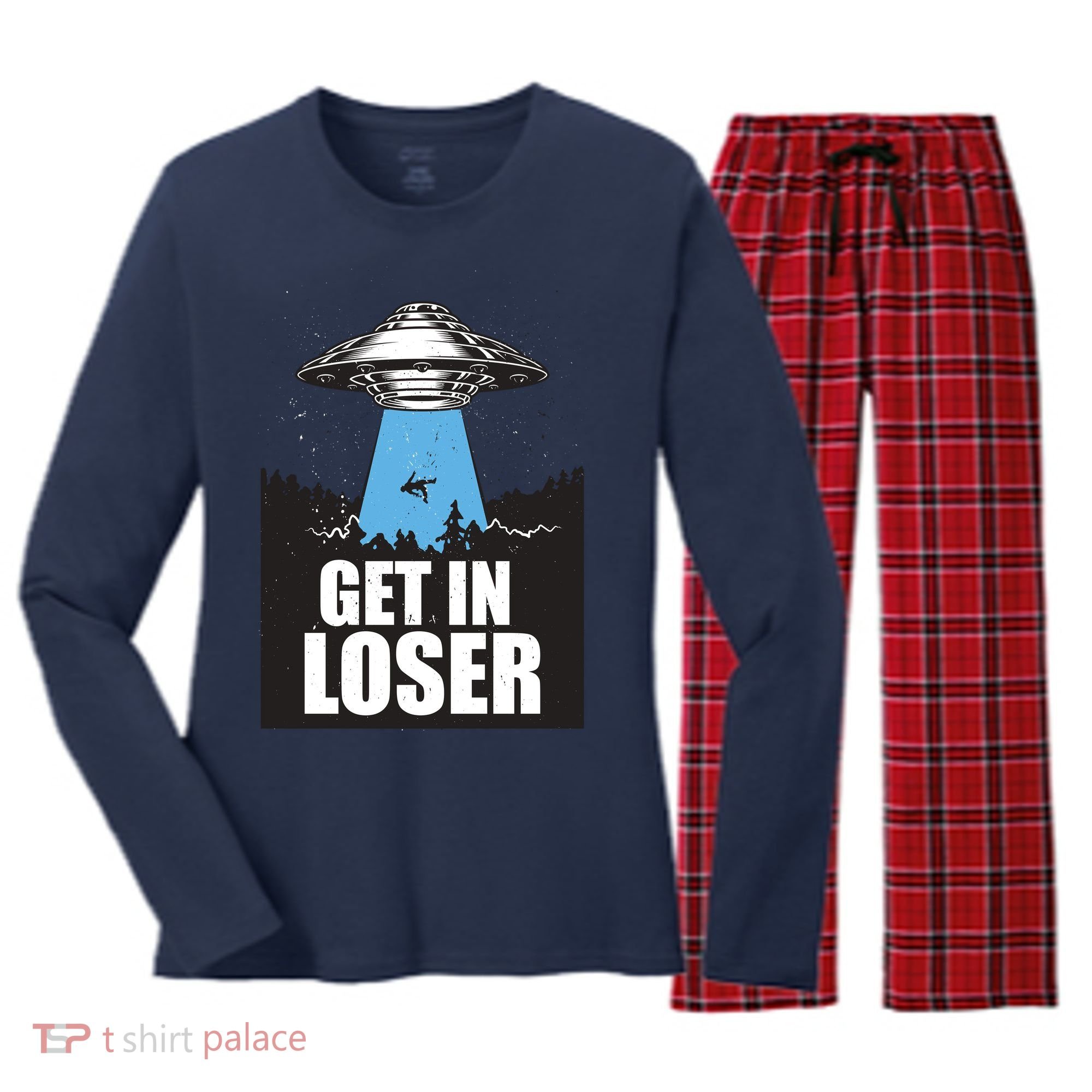 Get In Loser Alien UFO Women's Long Sleeve Flannel Pajama Set 