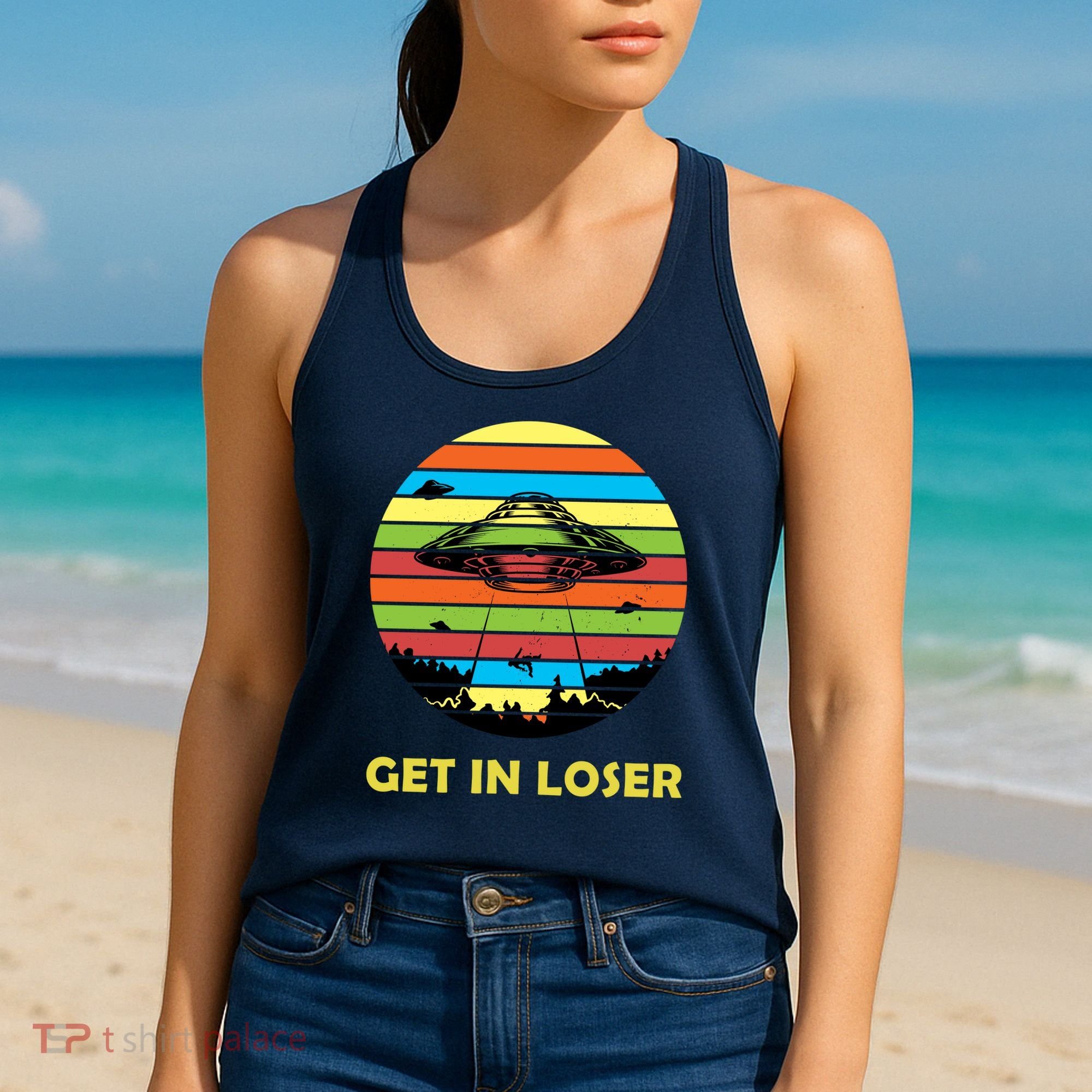 Get In Loser UFO Retro Alien Spaceship Women's Tank Top