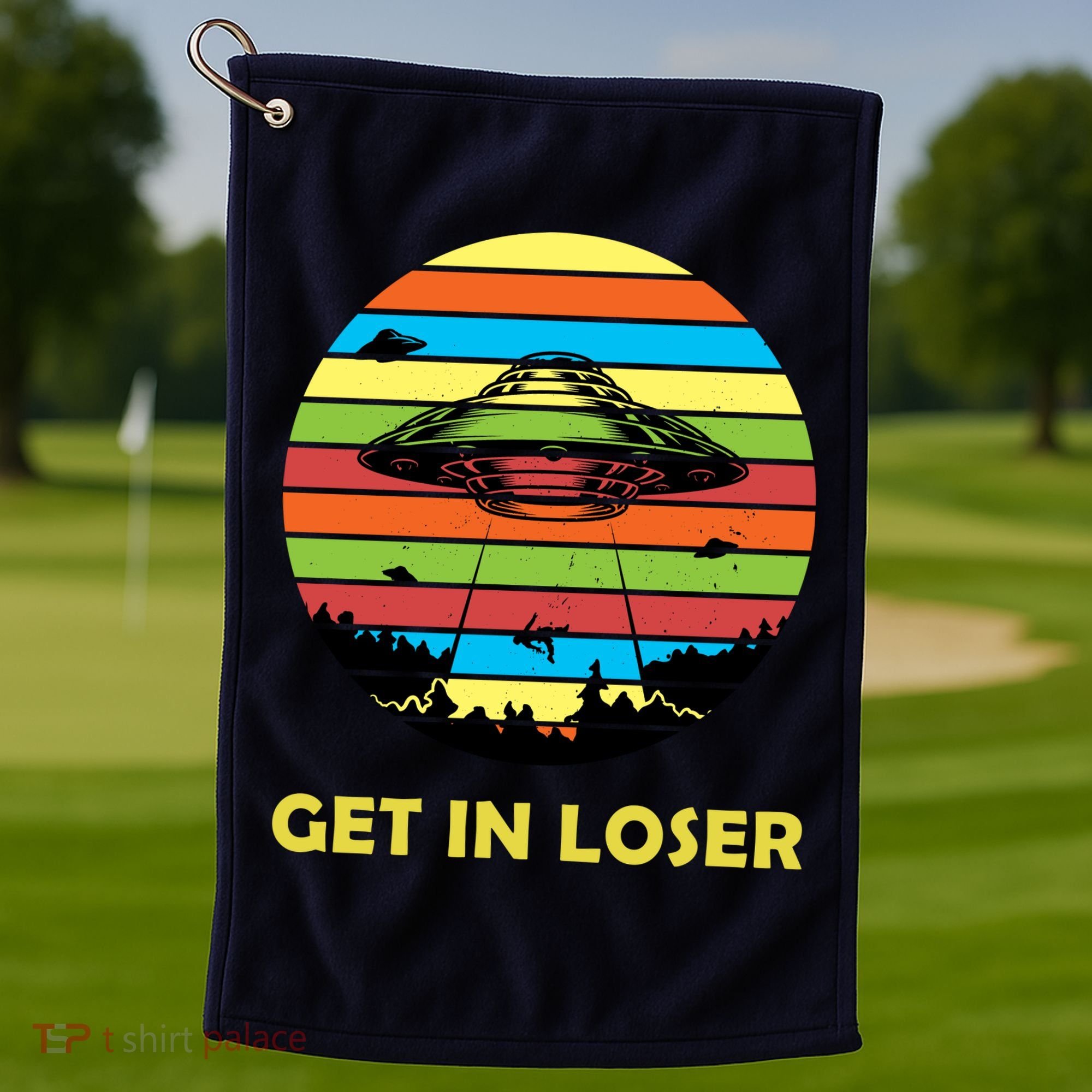 Get In Loser UFO Retro Alien Spaceship Golf Towel