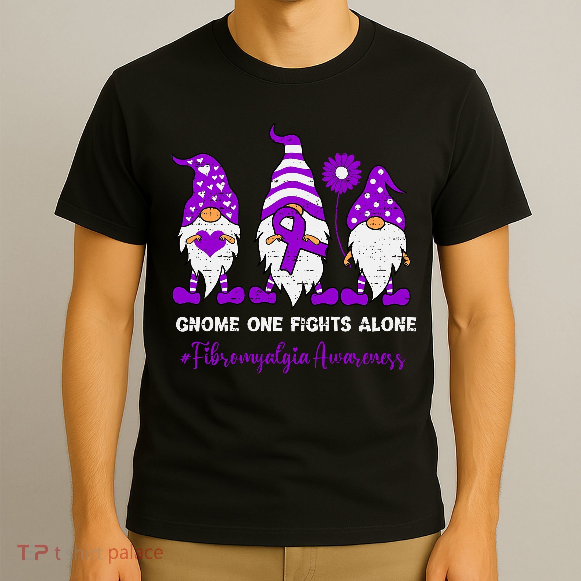 Gnome Fibromyalgia Awareness Fibro Ribbon Purple Support T-Shirt